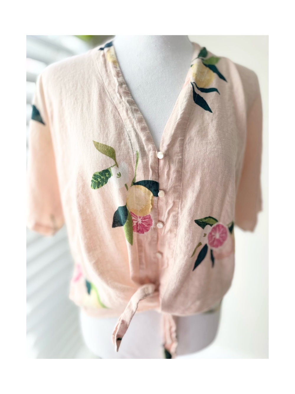 Rails Pink Tie-Front Button Blouse with Citrus Motif